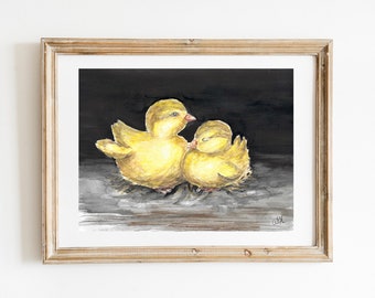 Baby Chicks Art Print, UNFRAMED Baby Bird Watercolor Painting