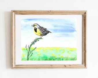 Meadowlark Art Print, State Bird Painting, UNFRAMED Songbird Watercolor Art