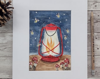 Red Camping Lantern Original Watercolor Art Painting with White Mat