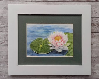 Waterlily Original Watercolor Painting with Mat and White Frame, 8 x 10 Inches