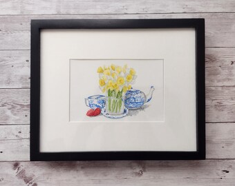 Daffodil and Blue Spode Tea Set Original Framed Art, 4 x 6 Inch Watercolor Painting in Black Frame with White Mat