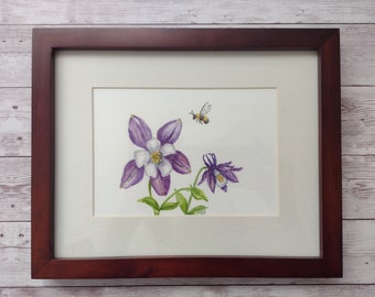 Purple Columbine Flowers and Bumble Beww Original Framed Art, 4 x 6 Inch Watercolor Painting in Wood Frame with Cream Mat