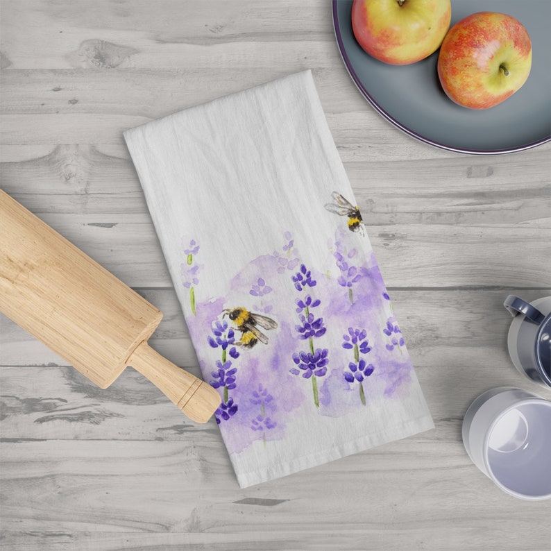 Lavender and Bumblebee Cotton Tea Towel image 1