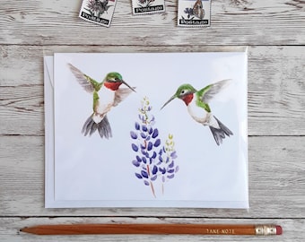 Hummingbird Card, Bird Watercolor Art Blank Greeting Card and White Envelope, 4 x 5.5 Inches