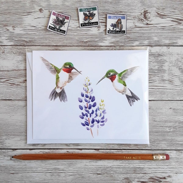 Hummingbird Card, Bird Watercolor Art Blank Greeting Card and White Envelope, 4 x 5.5 Inches