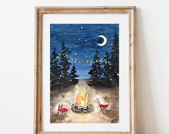 Campfire Camping Kids Art Print, Watercolor Painting