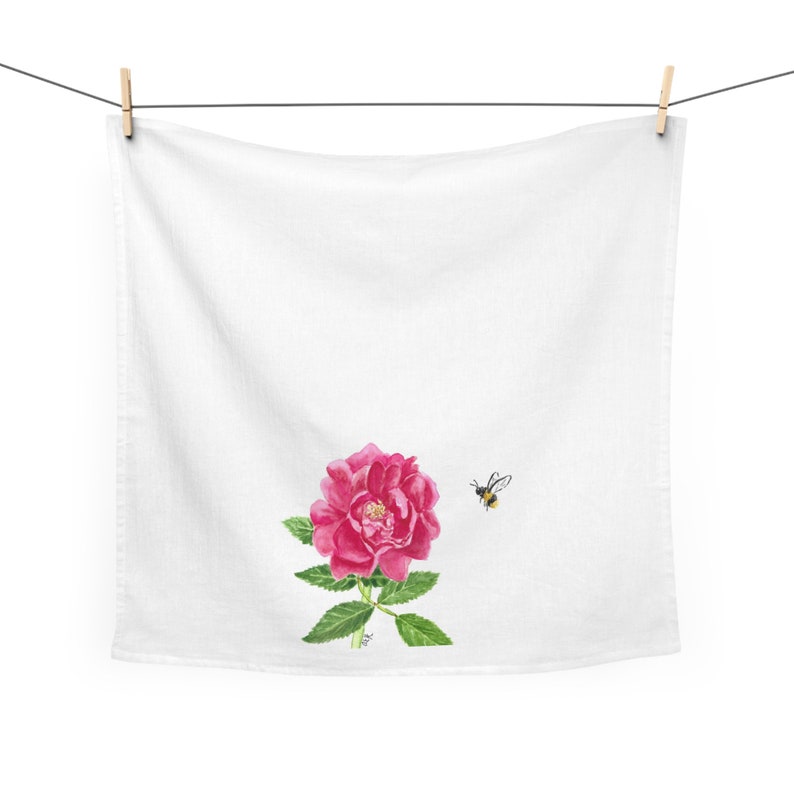 Pink Wild Rose with Bumblebee Cotton Tea Towel image 2