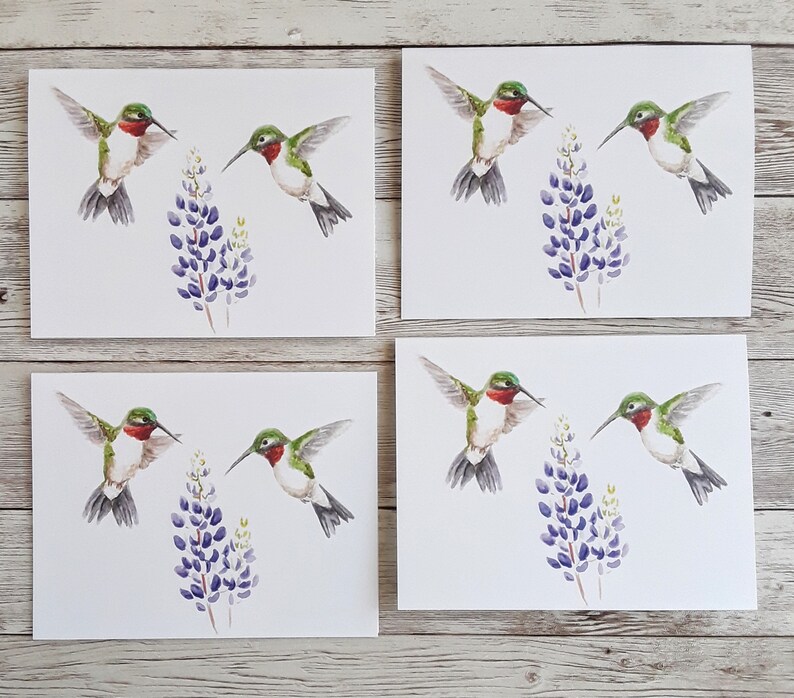 Hummingbird Card, Bird Watercolor Art Blank Greeting Card and White Envelope, 4 x 5.5 Inches 4 Pack of Cards
