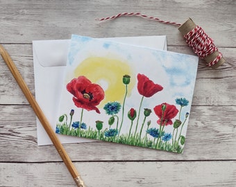 Poppy Field Greeting Card, 4 x 5.5 Inch Blank Card with White Envelope