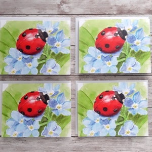 Ladybug and Forget-me-not Blank Greeting Card, 4 x 5.5 Inch Folded Notecard with White Envelope 4 Card Pack