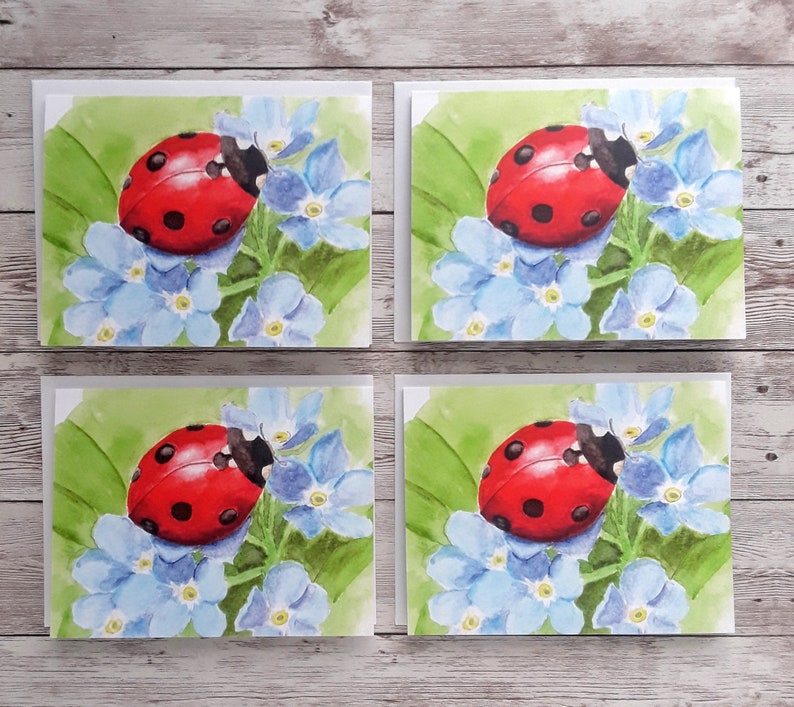 Ladybug and Forget-me-not Blank Greeting Card, 4 x 5.5 Inch Folded Notecard with White Envelope 4 Card Pack