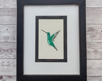 Hummingbird Original Framed Art, 4 x 6 Inch Watercolor Painting in Black Frame with White Mat 8 x 10 Inch Art