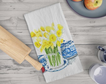 Daffodils and Tea Set Cotton Tea Towel