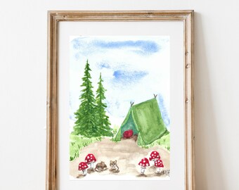 Tent Camping Kid's Room Art Print, Watercolor Painting