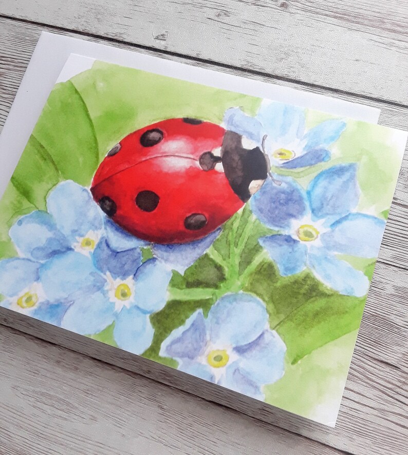 Ladybug and Forget-me-not Blank Greeting Card, 4 x 5.5 Inch Folded Notecard with White Envelope image 3