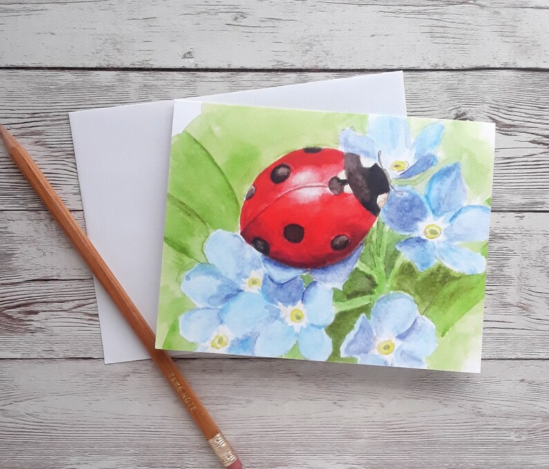 Ladybug and Forget-me-not Blank Greeting Card, 4 x 5.5 Inch Folded Notecard with White Envelope image 2