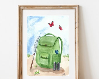 Hiking Camping Backpack Art Print for Kids, Watercolor Painting