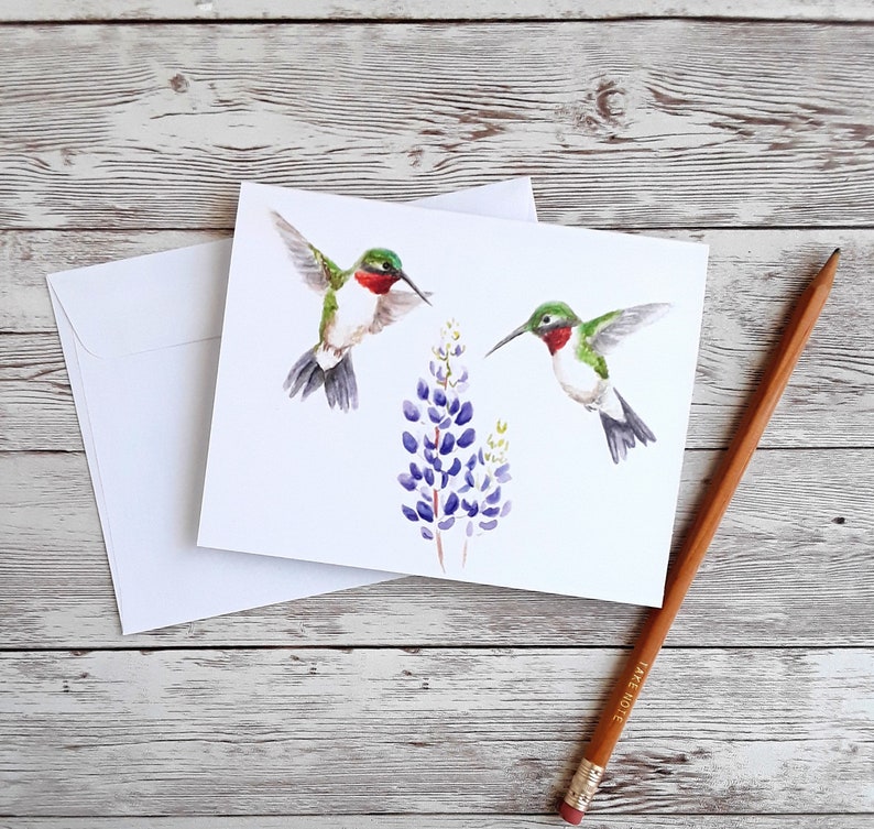 Hummingbird Card, Bird Watercolor Art Blank Greeting Card and White Envelope, 4 x 5.5 Inches Single Card