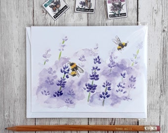 Lavender and Bumble Bee Card, Blank Greeting Card, 4 x 5.5 Inches