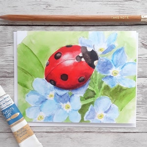 Ladybug and Forget-me-not Blank Greeting Card, 4 x 5.5 Inch Folded Notecard with White Envelope Single Card
