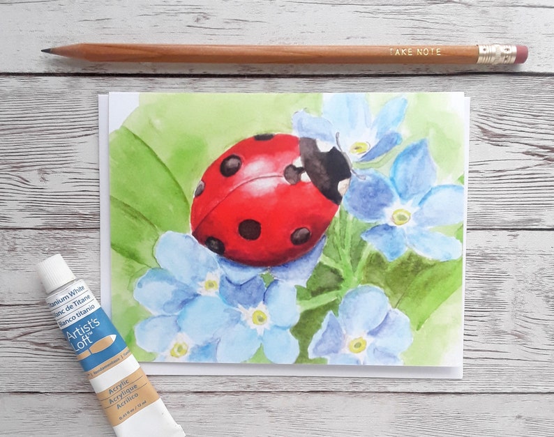 Ladybug and Forget-me-not Blank Greeting Card, 4 x 5.5 Inch Folded Notecard with White Envelope Single Card