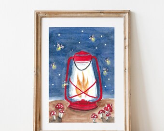 Camping Lantern Art Print, Watercolor Painting