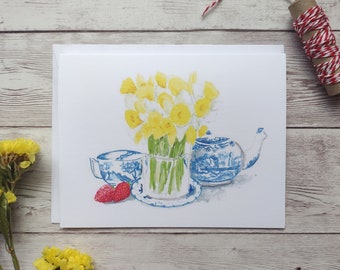 Daffodil and Teacups Greeting Cards, 4 x 5.5 Inch Blank Card With White Envelope