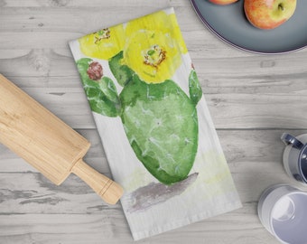 Yellow Flowering Cactus Cotton Tea Towel