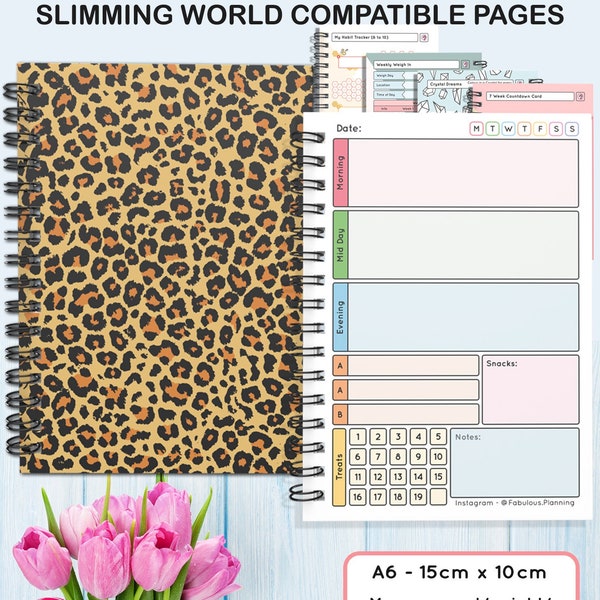 Slimming World compatible with ,Any Diet,  Food Diary, Planner,Weight Watchers, Calorie,  Tracker, Journal,Notebook, Weight loss, A6 Leopard