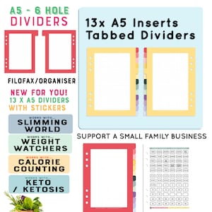 Organizador/Filofax/Dividers/A5/ Papelería/ Trabajo/Organizado/ Tab Dividers 13 & Pegatinas/Dietas/Escuela/Uni/Oficina/Carpetas/Color/ Tarjeta Fuerte