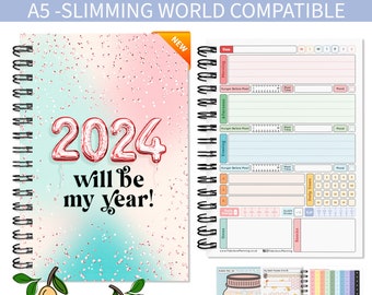 Food Journal,3mth Diary Planner, Book,A5 Log, Diet Slimming World compatible, Weight Loss,Calorie,Meal Plan,Notes, Buddy,Stickers -New 2024