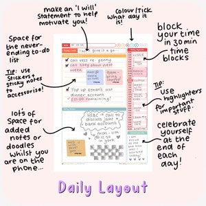 K&ouml;nnte beinhalten: Ein rosa-wei&szlig;er Tagesplaner mit einer violetten &Uuml;berschrift, die "Daily Layout" lautet. Der Planer hat einen t&auml;glichen Agenda-Bereich mit einer Liste von Aufgaben und einen Notizbereich mit einem Haftnotiz, auf dem "HSBC - Call to discuss joint bank account" steht.