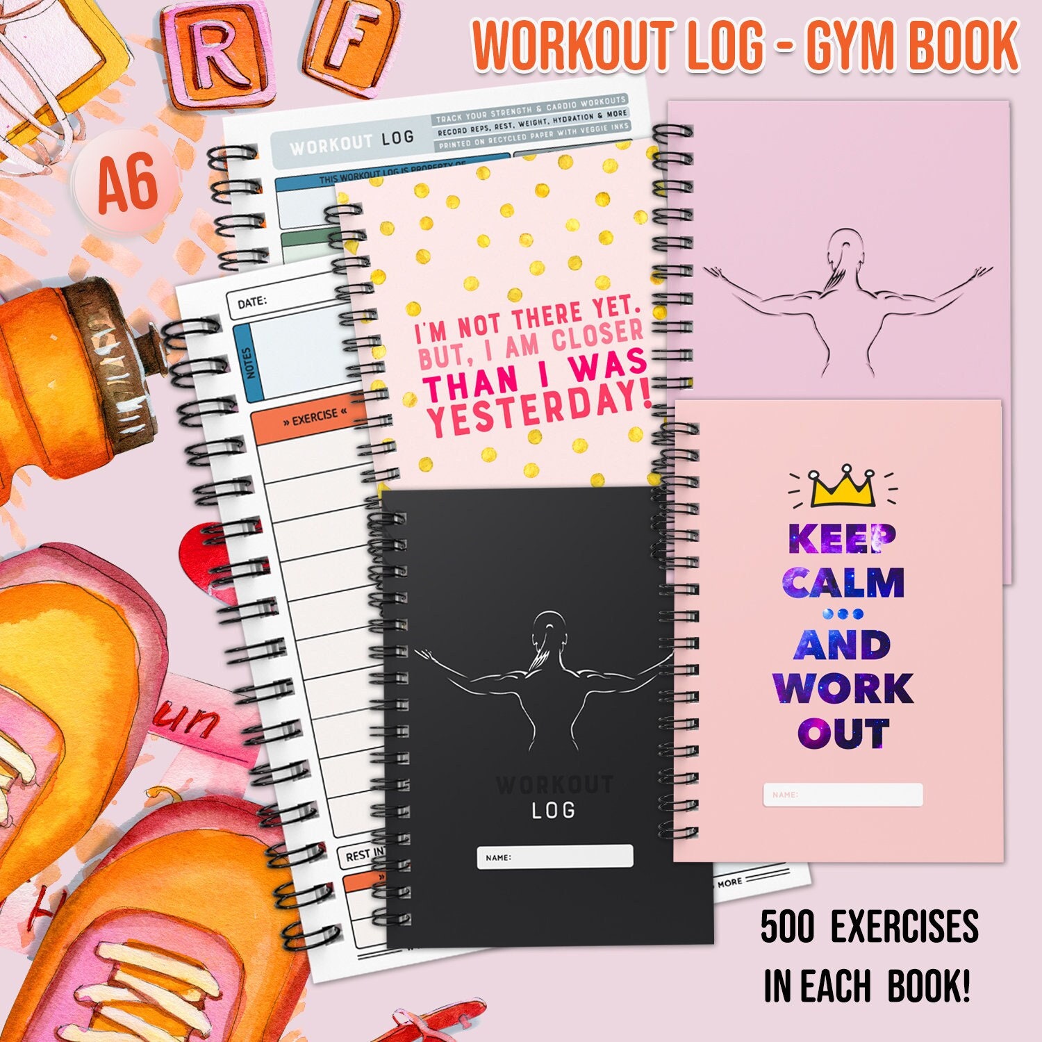 A6 Gym Diary & Workout Log - Track Reps, Weight, Exercises (500+ Exercises Listed)