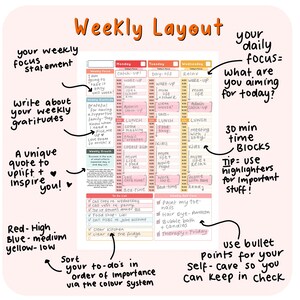 K&ouml;nnte beinhalten: Eine rosa und wei&szlig;e druckbare Planerseite mit dem Titel "Weekly Layout". Die Seite ist in drei Spalten f&uuml;r Montag, Dienstag und Mittwoch unterteilt. Jede Spalte hat einen Zeitabschnitt von 7:00 Uhr bis 22:00 Uhr. Die Seite enth&auml;lt Tipps zur Verwendung des Planers, wie z. B. "Ihre w&ouml;chentliche Fokus-Aussage", "Schreiben Sie &uuml;ber Ihre w&ouml;chentlichen Dankbarkeiten" und "Ein einzigartiges Zitat, um Sie aufzuheitern + zu inspirieren!"