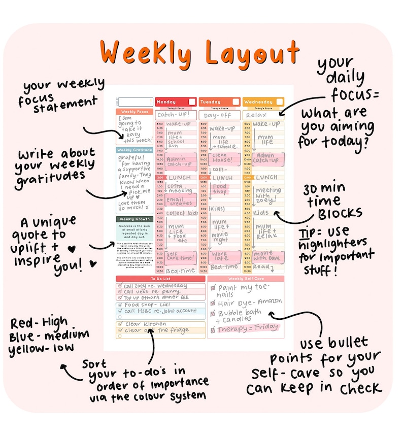 K&ouml;nnte beinhalten: Eine rosa und wei&szlig;e druckbare Planerseite mit dem Titel "Weekly Layout". Die Seite ist in drei Spalten f&uuml;r Montag, Dienstag und Mittwoch unterteilt. Jede Spalte hat einen Zeitabschnitt von 7:00 Uhr bis 22:00 Uhr. Die Seite enth&auml;lt Tipps zur Verwendung des Planers, wie z. B. "Ihre w&ouml;chentliche Fokus-Aussage", "Schreiben Sie &uuml;ber Ihre w&ouml;chentlichen Dankbarkeiten" und "Ein einzigartiges Zitat, um Sie aufzuheitern + zu inspirieren!"