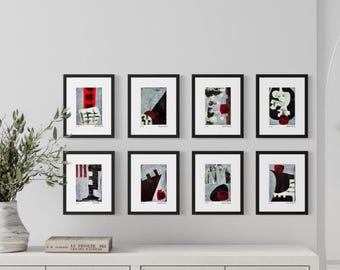 Set di 8 collage originali di arte astratta architettonica e botanica, con passepartout 8x10.