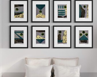 Ensemble de 8 oeuvres d'art murales minimalistes audacieuses signées 8 x 10, collage abstrait abstrait original
