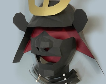 Kabuto and Menpo Mask, Papercraft, Wall Decor, 3D Mask Template, Samurai, Armor, Helmet