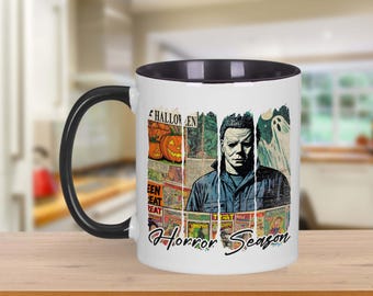 Custom Horror Themed Ceramic Coffee Mug – Double-Sided Design – Creepy Gift for Horror Fans, Halloween Mug, Spooky Coffee Cup, Michael Myers