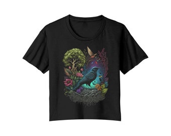 Mystical Crow in Wooded and Floral Scenery Crop Shirt