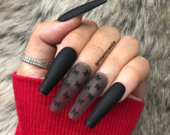 pics Cute Black Acrylic Nails Long black fake nails etsy