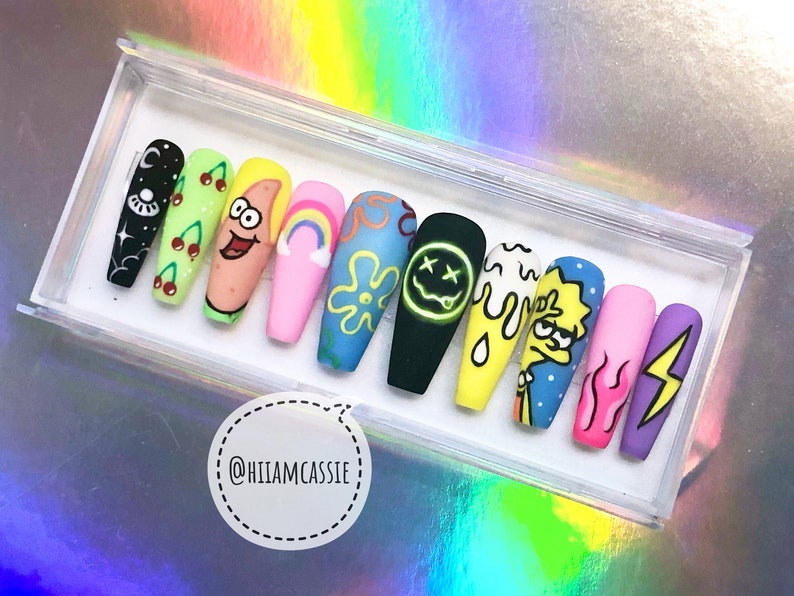 90s cartoon aesthetic mashup HAND-PAINTED nail art Press on | Etsy