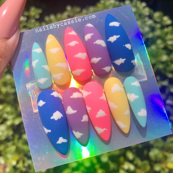 Rainbow Clouds Hand painted Nail Art Press on nails Glue on | Etsy