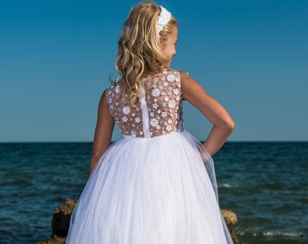 SAMPLE SALE! US 5-6 Size ! Illusion Tulle Embrodery Dress, Flower Girl Tulle Dress, Junior Bridesmaid, Princess Tulle Dress, White Tulle