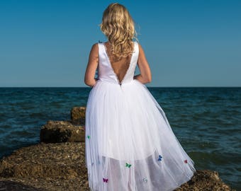 SAMPLE SALE! US 5-6 Size! White Flower Girl Dress, White Tulle Dress, Butterflies Dress, White Tulle Puffy, Bridesmaid dress