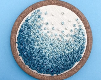 Hand Embroidery French Knot Art, Embroidered Hoop Fibre Art, Blue Ocean Inspired Ombre Home Decor, Boho Wall Hanging Home Decor