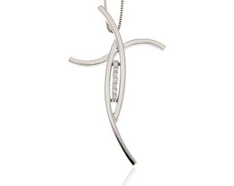 Unique Curved Cross Necklace, Cross Diamond Necklace, 18 Karat White Gold, Curved Cross Necklace Pendant