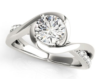 Beautiful Split Shank Diamond Engagement Ring, Curved Split Shank Engagement Ring, Diamond Bypass Engagement Ring