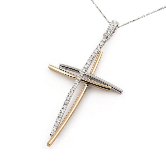 Two Tone Double Cross Necklace, Double Cross Diamond Necklace, 18