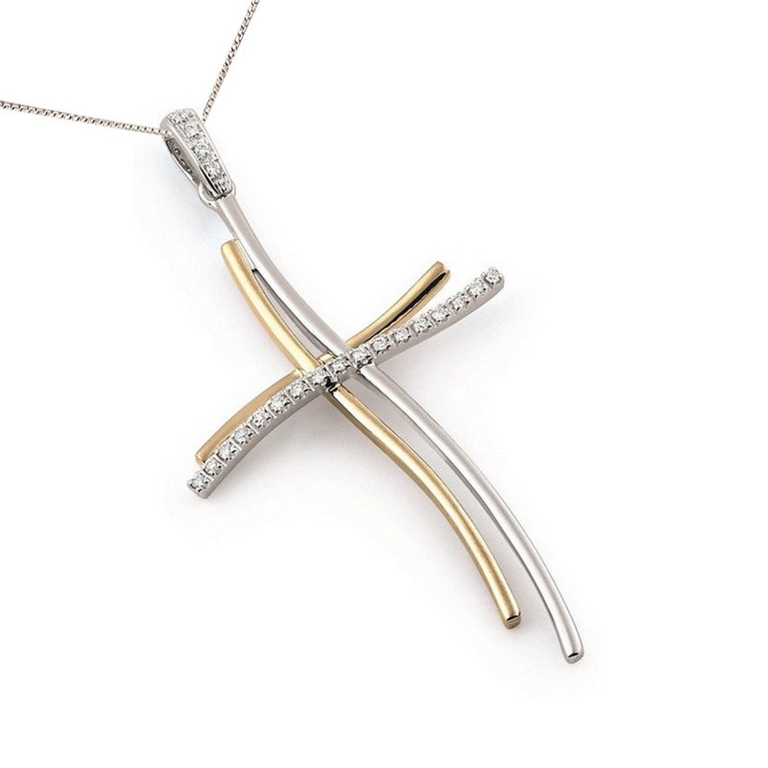 Curved Double Cross Necklace, Two Tone Cross Diamond Necklace, Unique
